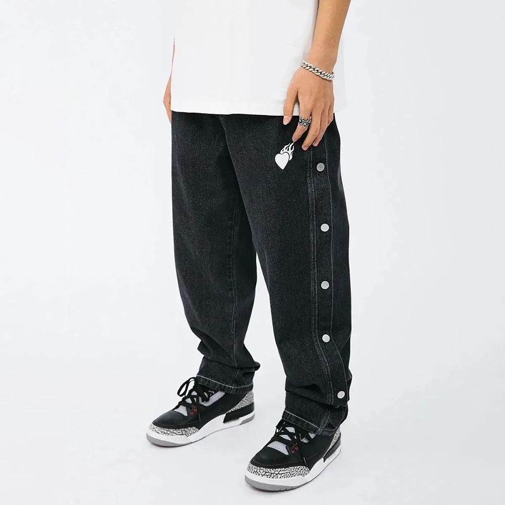 Men Black Denim Pants Fashion Trousers Oversize Cartoon Graffiti Loose Wide Leg Pant Cargo Jeans Streetwear Hip Hop Punk