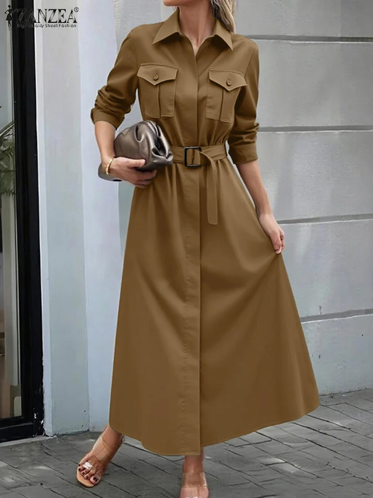 

ZANZEA Autumn Elegant Long Dresses Women Long Sleeve Front Pockets Belted Collared Shirt Dress 2025 Commuting Workwear S-3XL