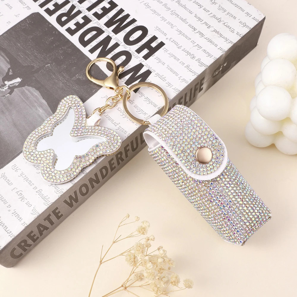 2pcs Pack Popular Bling  Lipstick Pouch Keychain With Mirror Lipstick Holder Storage Bag