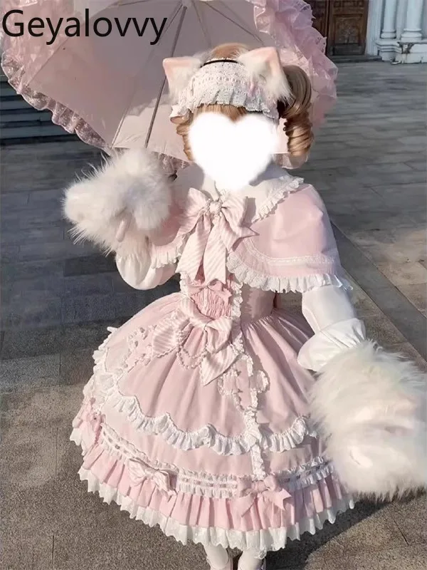 

Розовое милое милое платье в стиле Лолиты JSK без рукавов в японском стиле с высокой талией и короткой накидкой, великолепные платья принцессы с бантом