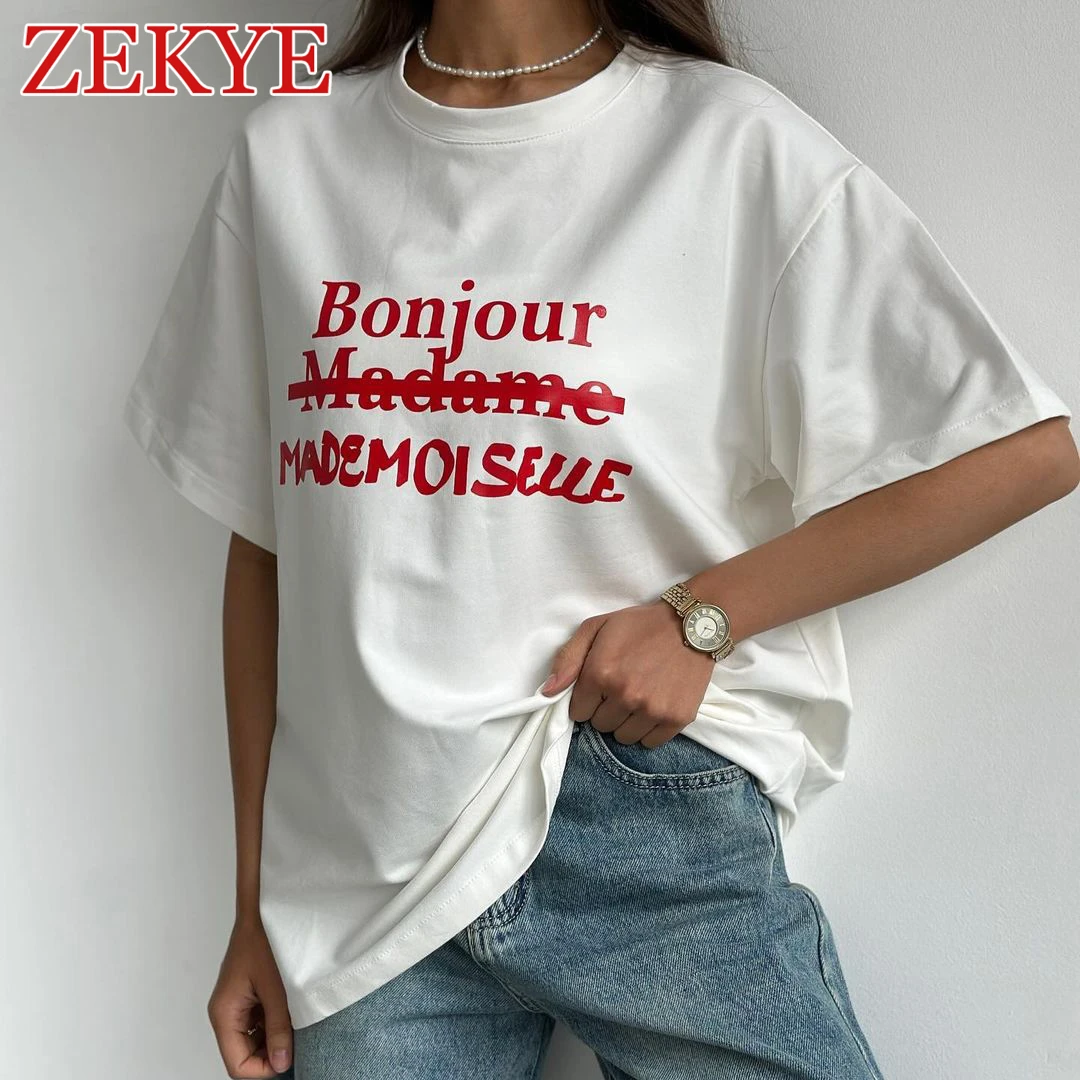 

Zekye Simplicity Loose Summer White T Shirt Women Top Korean Style Basic Short Sleeve Round Neck T-shirt Casual Letter Printed