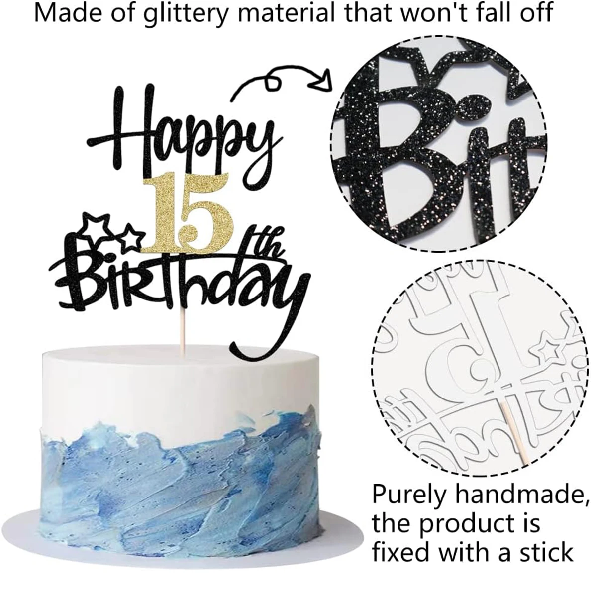 قطعتان من كعكة عيد الميلاد Happy15th باللون الذهبي والأسود لتزيين كعكة عيد الميلاد لمستلزمات زينة حفلات الذكرى السنوية