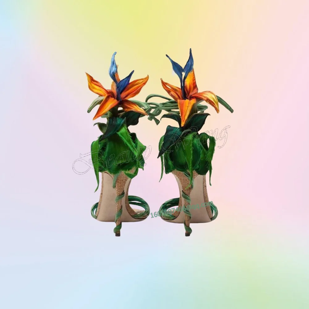 Green Front Cross Tied Sandals Back Flower Decor Mixed Color Heels Shoes Thin High Heel Shoes for Women 2025 Zapatos Para Mujere view 2