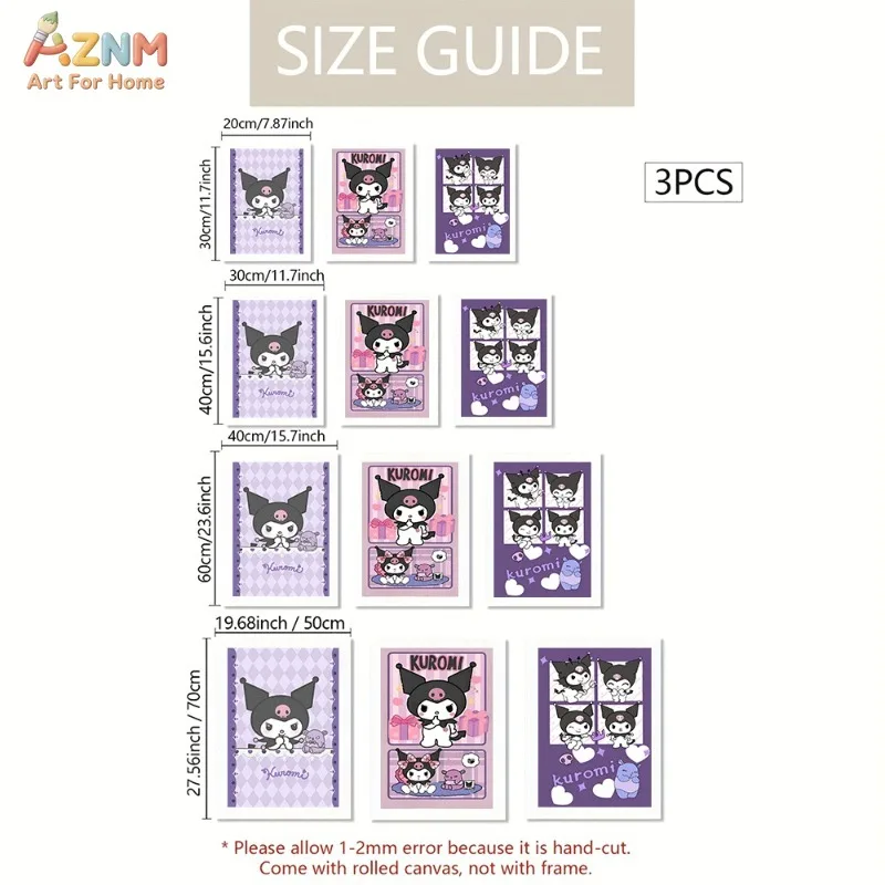 AZNM Unframed Canvas Wall Art Kuromi Diamond Lattice Gift Box Four Grid Cute Sanrio Poster Purple Pink Cartoon Girls Bedroom