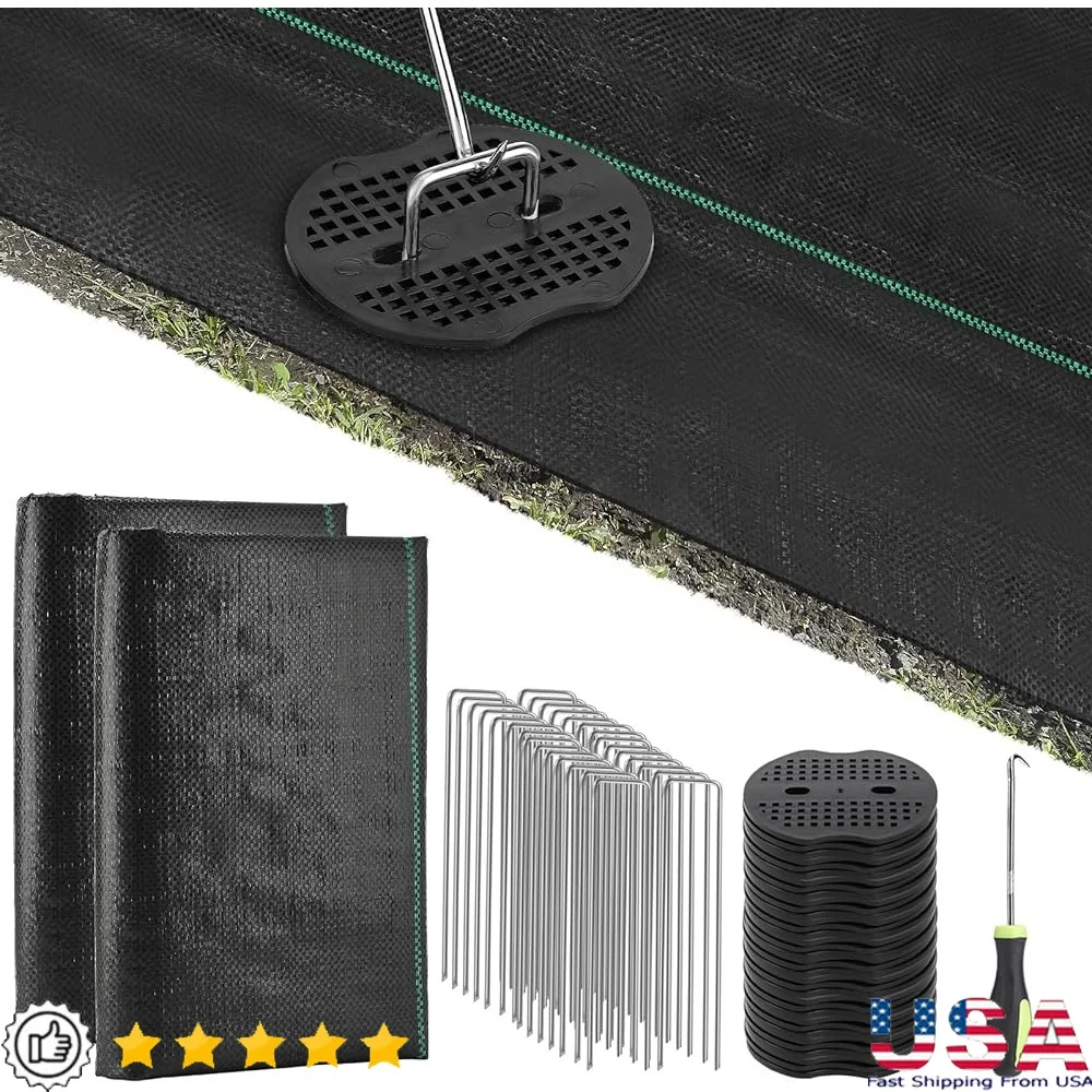 

Сверхмощная ткань для ландшафтного барьера сорняков с 40 прокладками, колья и крючок для фиксации, водонепроницаемая, дышащая, для контроля сорняков, сад