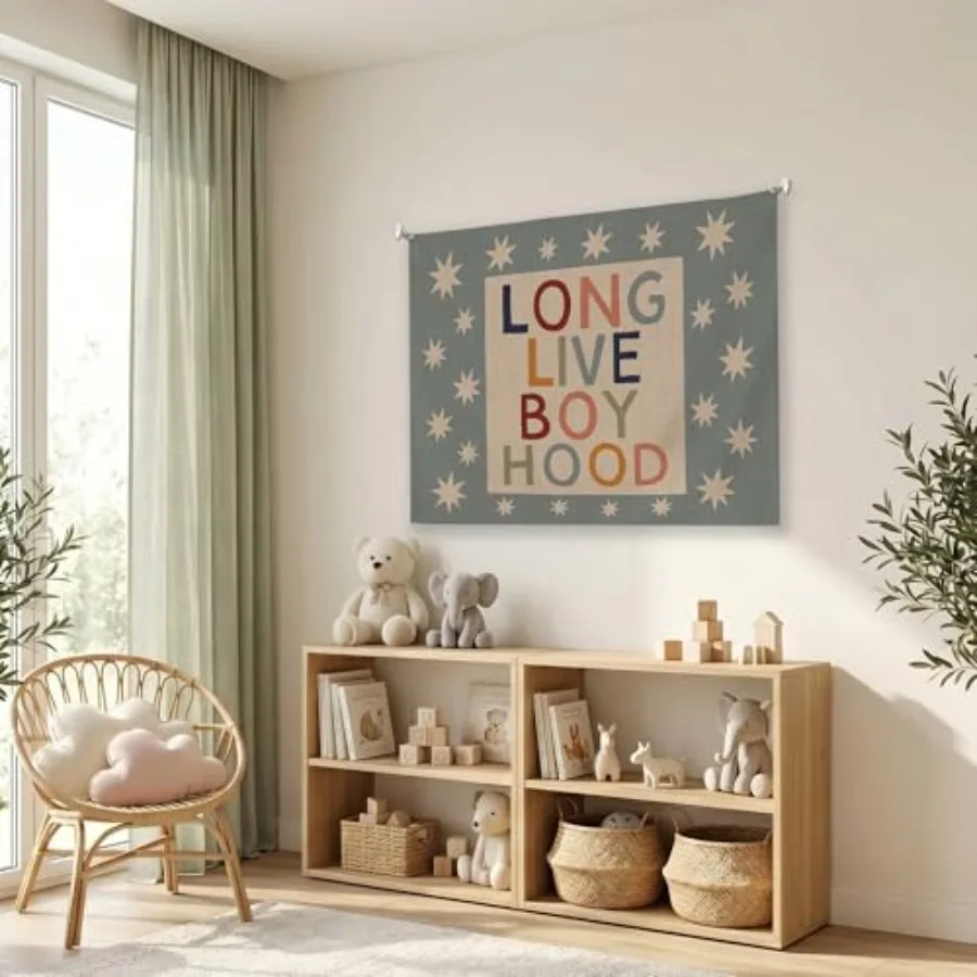 Boy Nursery Canvas Banner, Long Live Boyhood Linen Tapestry Wall Hanging, Boys Room Decor, Playroom Tapestry Wall Art for Nurse