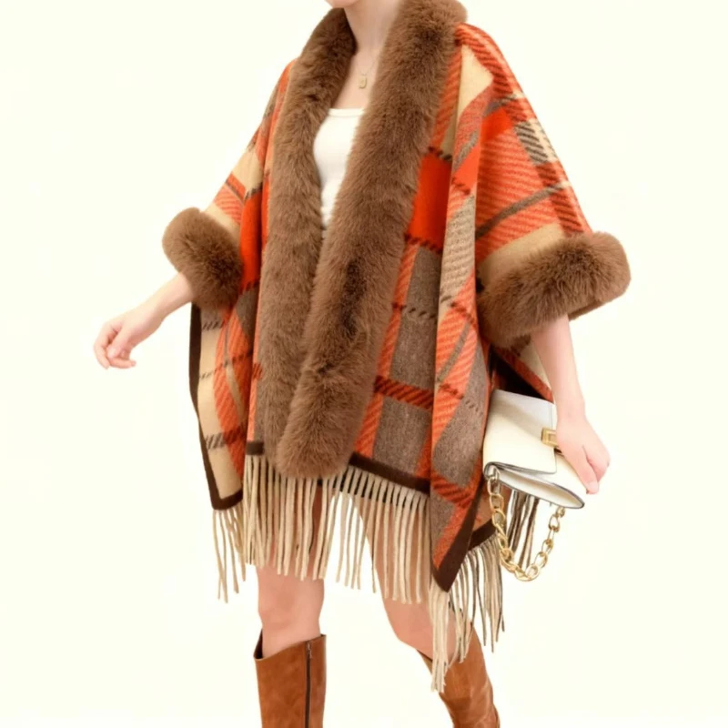 Autumn and Winter Women's Casual Cape Shawl Plaid Fringed Coat Elegant Party Versatile