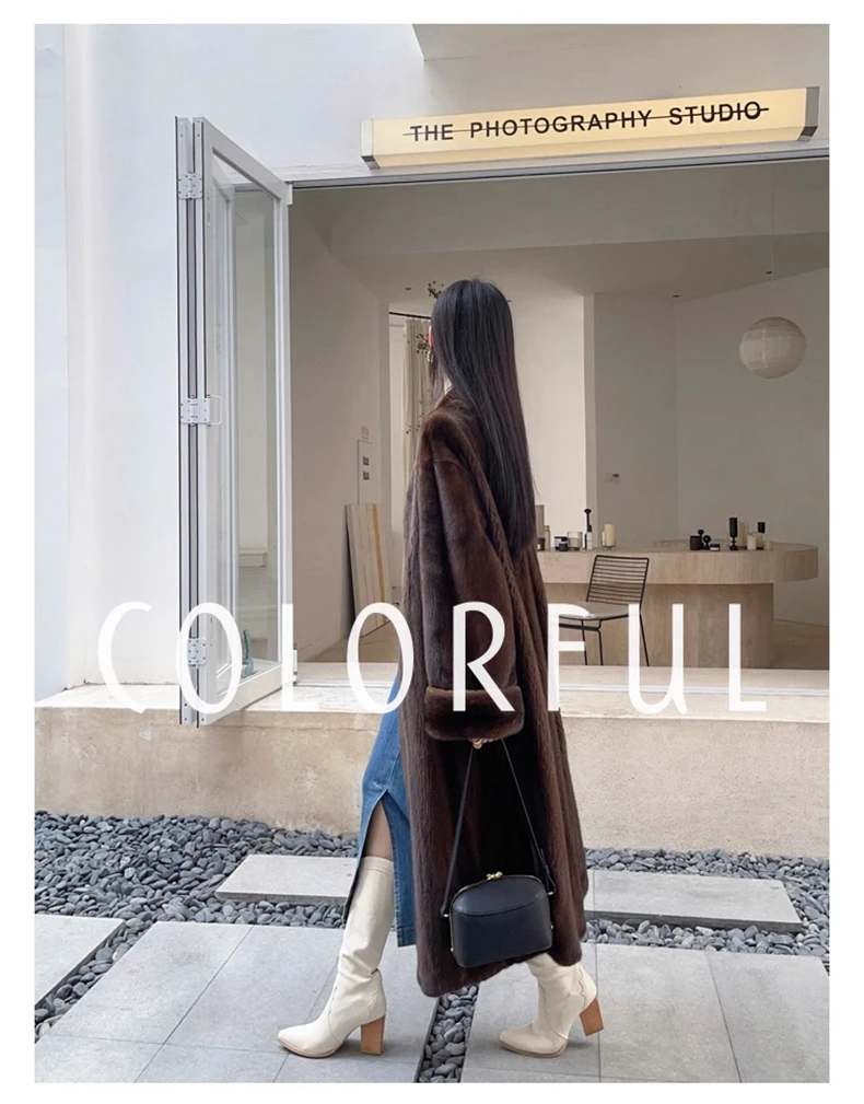 Lautaro Winter Long Vintage Elegant Luxury Chic Thick Warm Soft Brown Fluffy Faux Mink Fur Coat Women V Neck Furry Overcoat 2023