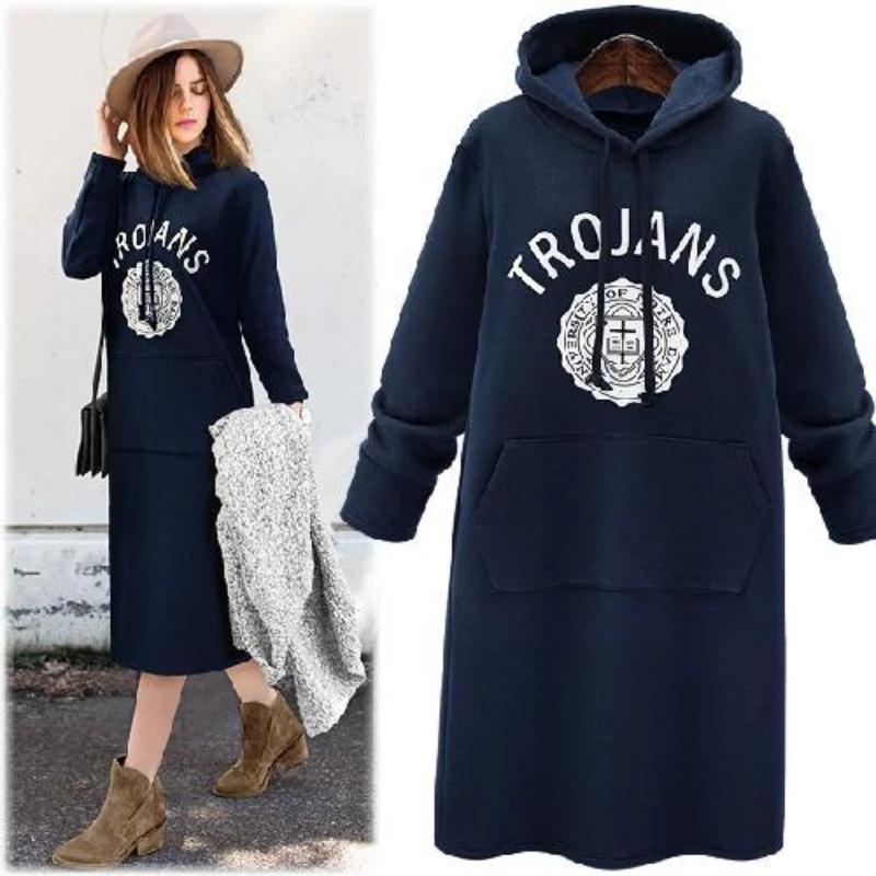 

Autumn Winter Woman Clothes New Hoodies Dress Korean Fashion Midi Pullovers Loose Letter Printing Fleece Casual Hooded Dresses