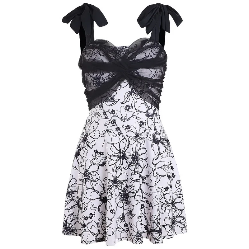 sexy Korean fashion swimsuit one piece black mesh floral print mini dress bow tie sleeveless bikini padded swimwear