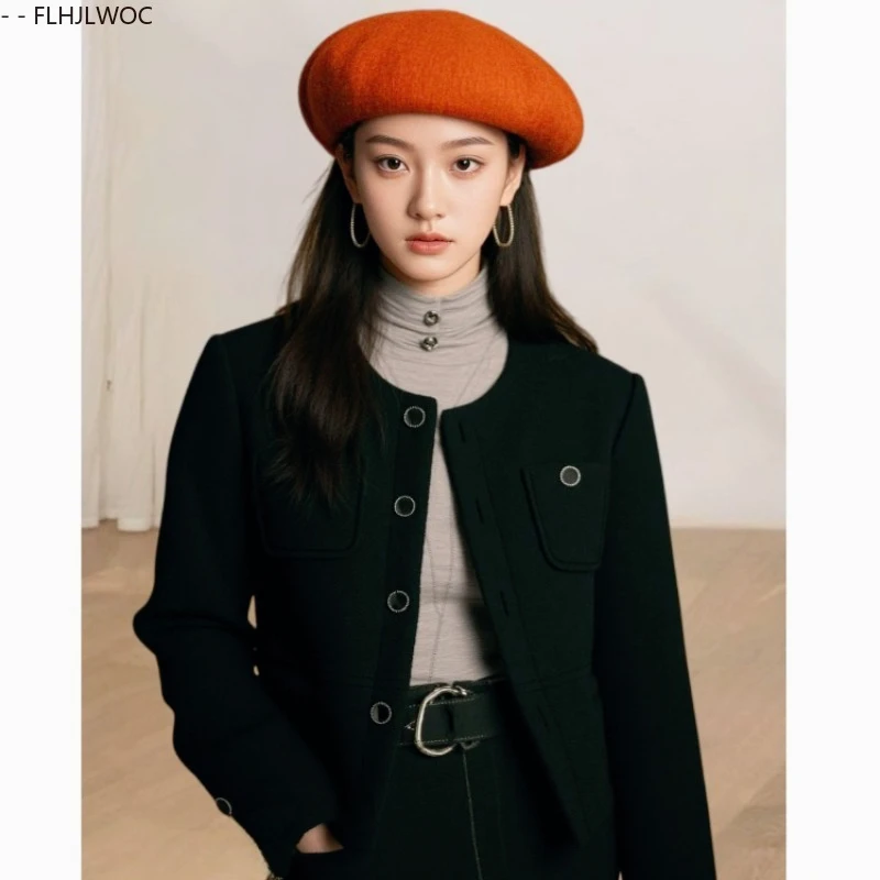 

Autumn Small Short Coats Outerwear Chic Korea Japan Girls Women Cute Office Lady Button O Neck Retro Black Blazer Jackets