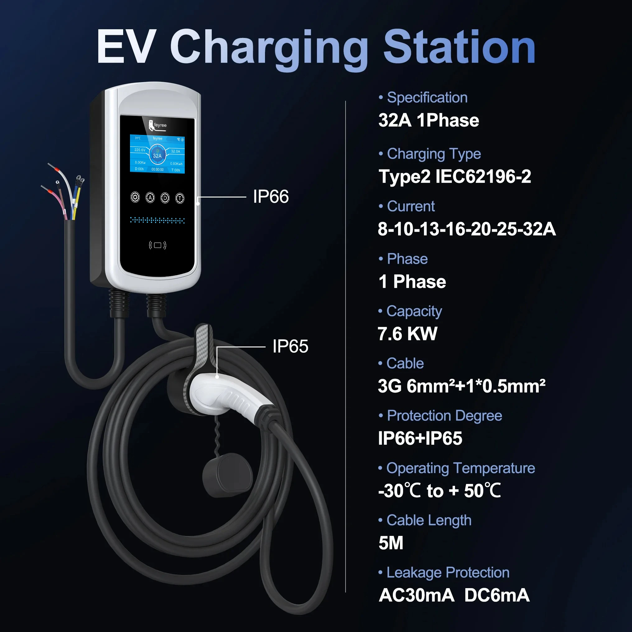Feyree Typ2 32A 7kW 1P DLB EV-Ladegerät 4,3-Zoll-Bildschirm Dynamische Lastverteilung 11kW 22kW 3P EVSE Wallbox-Ladestation mit Lade-LOG – Detail 3