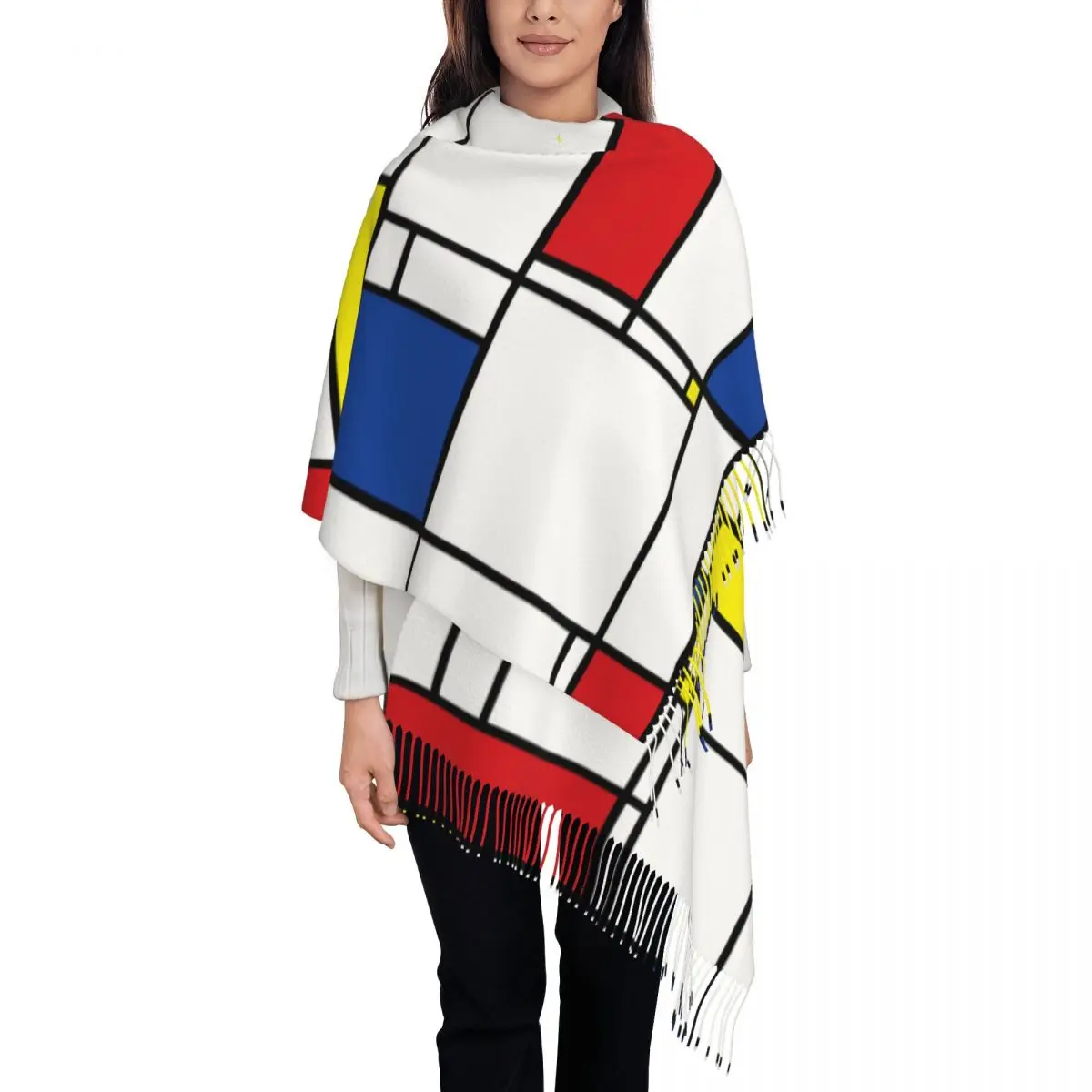 Mondrian lenço minimalista para senhoras, longo envoltório macio, pashmina geométrica, lenços para inverno, minimalismo