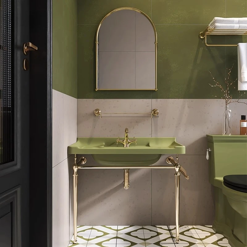 

French retro ceramic with bracket combination face and hand washing small apartment bathroom balcony floor basin