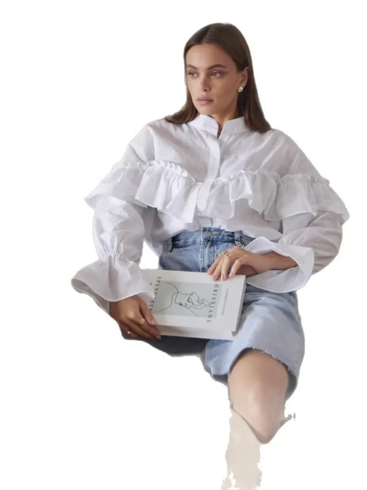 Frau Elegante Solide Hemd Mode V-ausschnitt Ausgestellte Ärmel Lose Top Frühling Herbst Dame Ausländischen Stil Rüschen Rand Spleißen Blusen