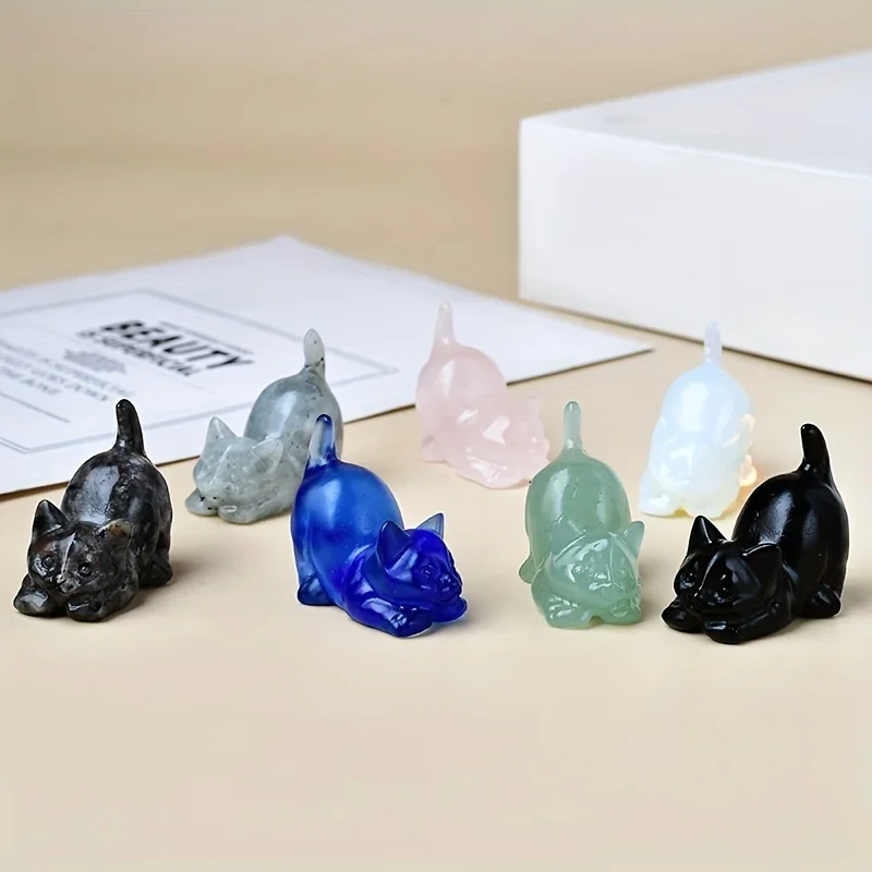 Cristal grabado de gato hecho a mano, 3,5 cm/1,38 pulgadas, decoración única para el hogar, piedra de meditación, cristal de roca Natural para relajación, 1 ud.