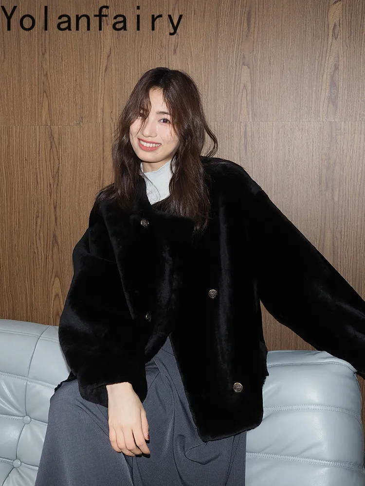 YOLANFAIRY Natural Fur Coat Women Winter Short Loose Oversized Lantern Sleeve Merino Sheepskin Leather Fur Coats Jackets Black