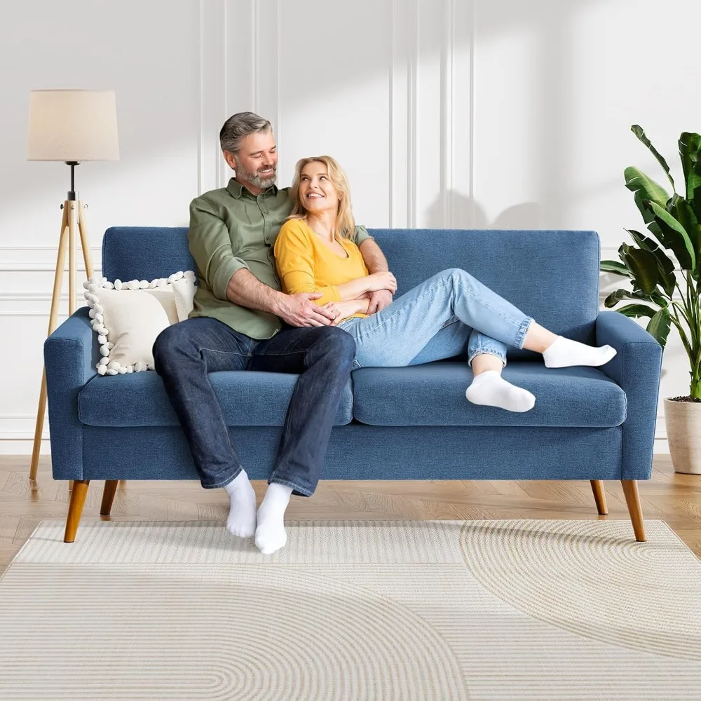 أريكة بمقعدين من الكتان الأزرق الحديث في منتصف القرن لغرفة المعيشة، أريكة صغيرة مناسبة لغرفة النوم أو المكتب #3