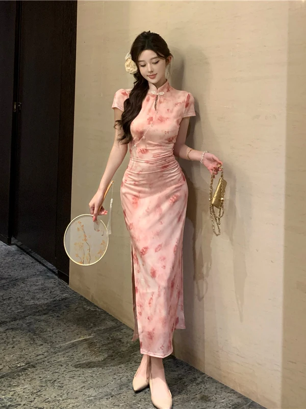 

Elegant Sweetened Printed Young Style Slimming High Slit Midi Dress Chinese Style Floral Pattern Short Sleeve Women...