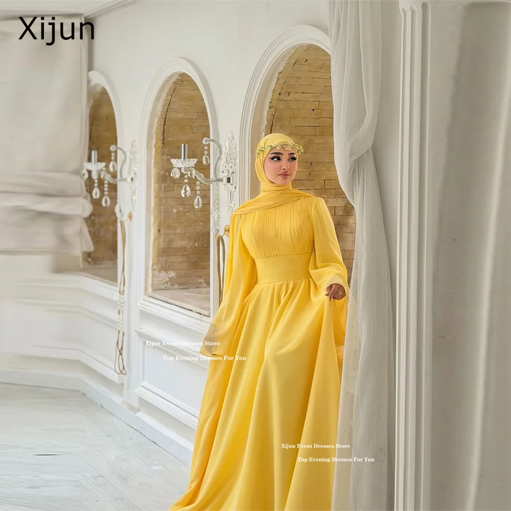 

Xijun Modest Yellow Evening Dresses Chiffon Long Sleeves Formal Prom Dresses A-Line Floor Length Prom Gown 2026 Women Customized