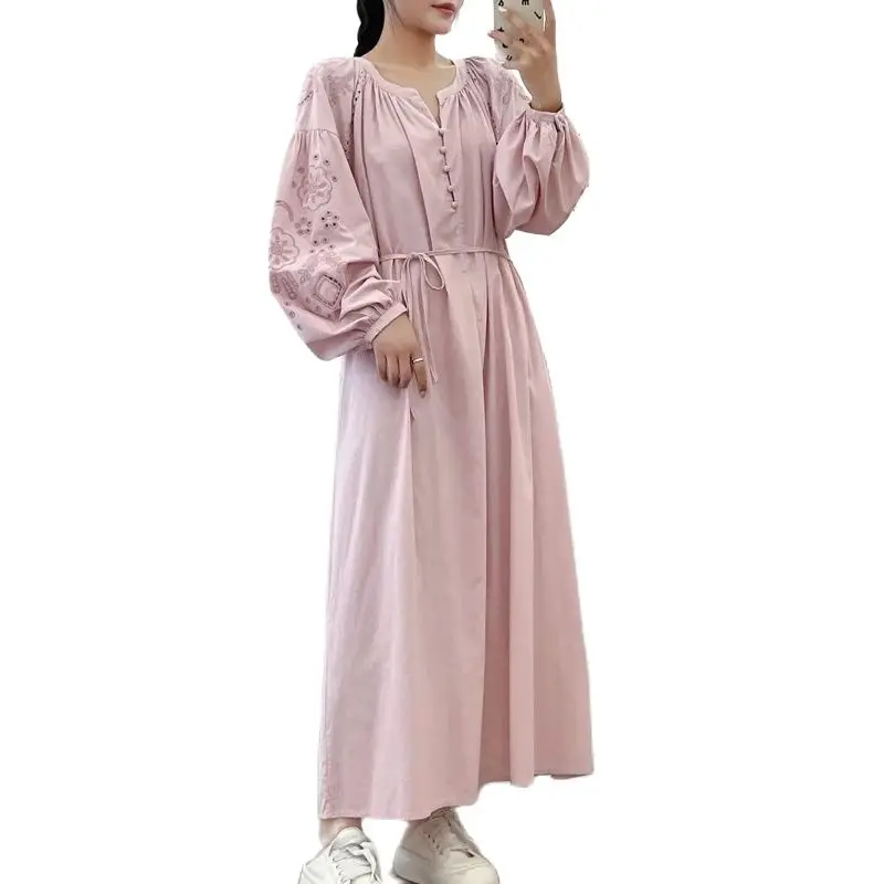 New Summer Cotton Long Sleeve Dresses, Woman O Neck Hollow Out, Mori Girl Casual French Sweet Loose Dress, 2024 Autumn D48124QC