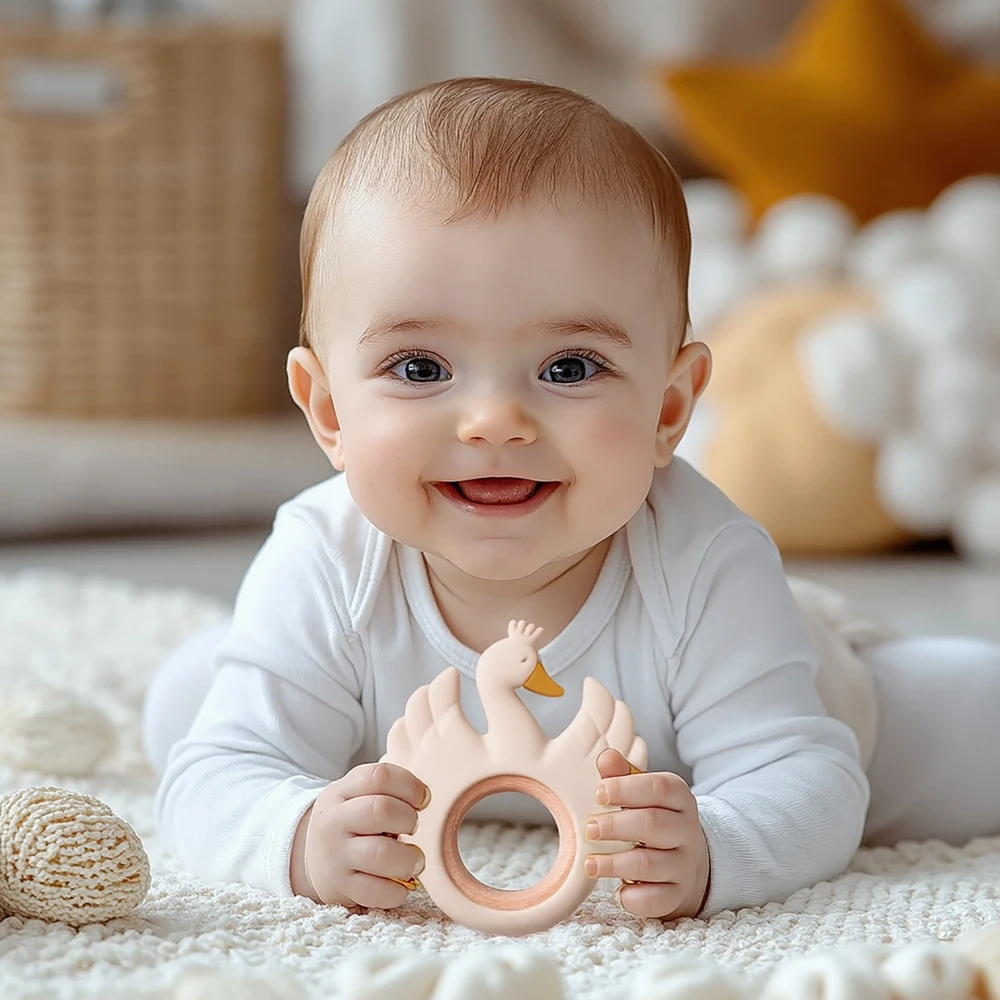 1pc Baby Silikon Beißring Baby Schwan Zahnen Spielzeug Holz Beißring Sensorischen Spielzeug für Kleinkinder Silikon Cartoon Beruhigende Spielzeug