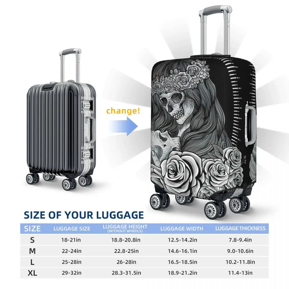 Sugar Skull Woman With Engraving Style Print Luggage Protective Dust Covers Elastic Waterproof 18-32inch Suitcase Cover