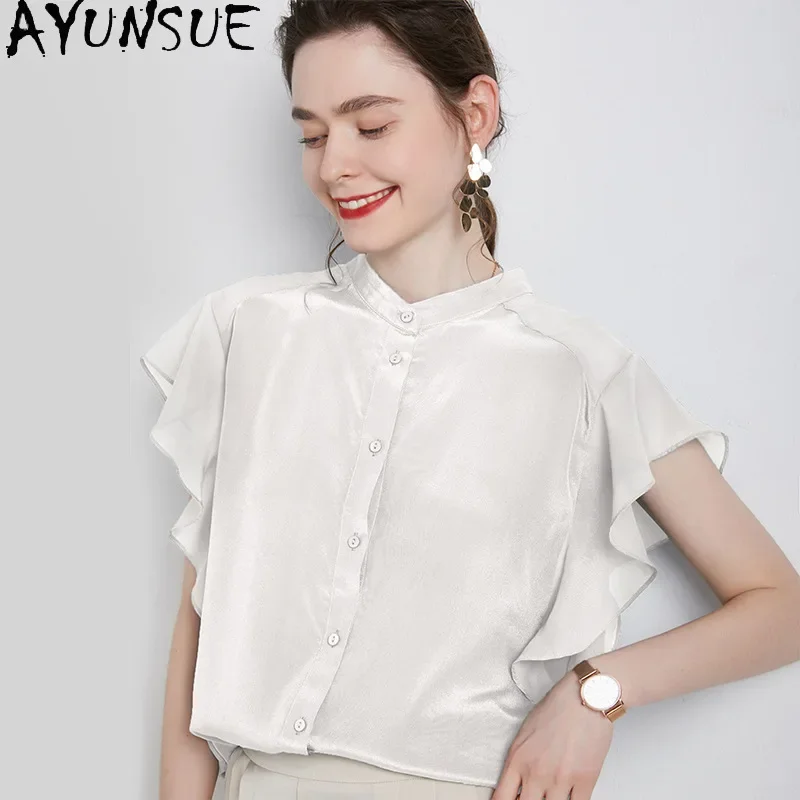 AYUNSUE Real Mulberry Silk Blouses Or Tops For Woman Clothes Summer Shirt Women Shirts High-end Elegant Blouses Haut Femme Sq770