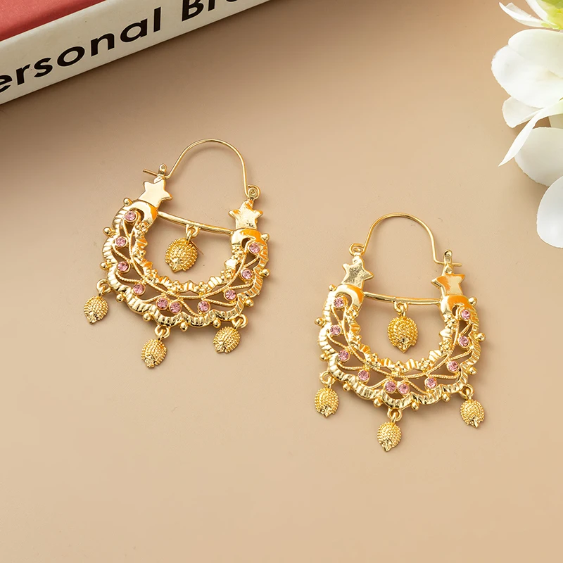 Middle Eastern Style Golden Hoop Earrings Rhinestone Inlaid Star Coin Tassel Earrings For Wedding Banquet Party Dress Jewelry