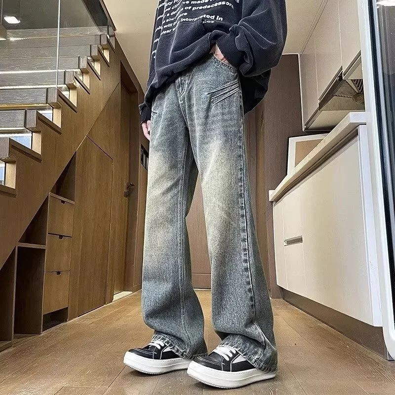 Jean Délavé à Jambes Larges pour Homme, Pantalon en Denim Drapé Baggy, Style Hip Hop, Dégradé Droit, Nouvelle Collection