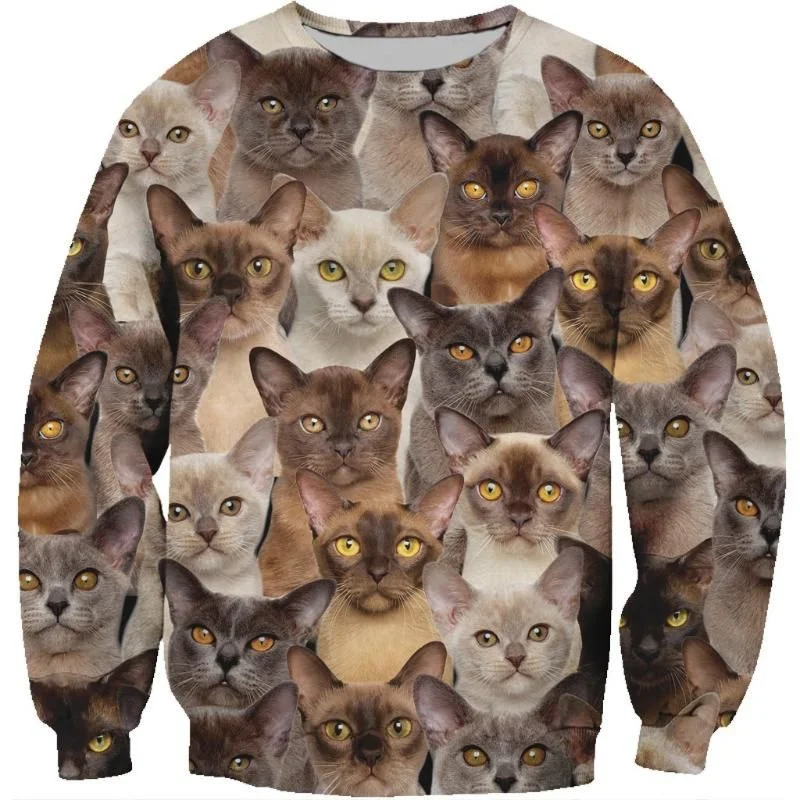 3D Printed Dog Cat Hoodie For Men Funny Animal Pattern Sweatshirt Spring Autumn Casual Long Sleeves Round Neck Oversized Tops
