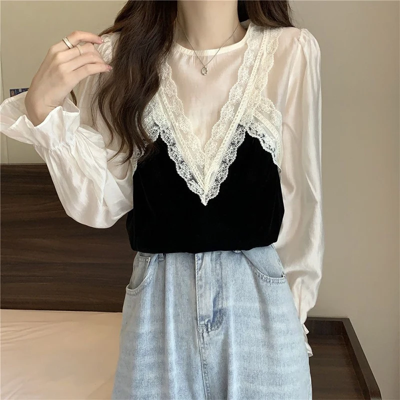 Spring Autumn Round Neck Fake Two Piece Lace Patchwork Korean Style Shirt Ladies Sweet Loose All-match Pullover Top Women Blouse