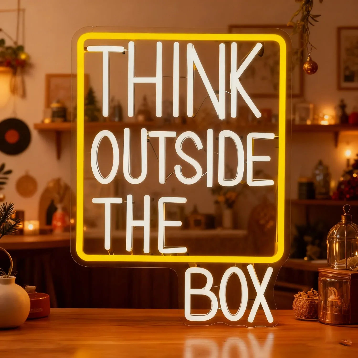Think Outside The Box Neon Sign LED USB Powered Dimmable Wall Light for Office Garage Workspace Creative Studio Birthday Gift
