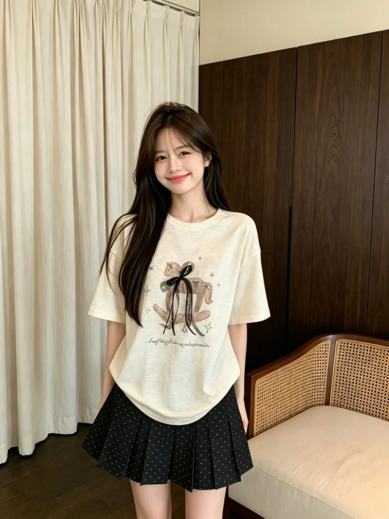 

Sweet Knot Wooden Print Short Sleeve T-Shirt Summer Polka Dot Half Skirt Two Piece Set Women's Fashion Ensemble