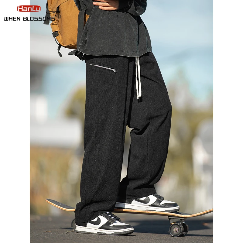 HANLU Retro Textured Corduroy Straight Leg Casual Pants For Men Autumn Winter With Side Zipper Design Trendy Brand Loose Pants