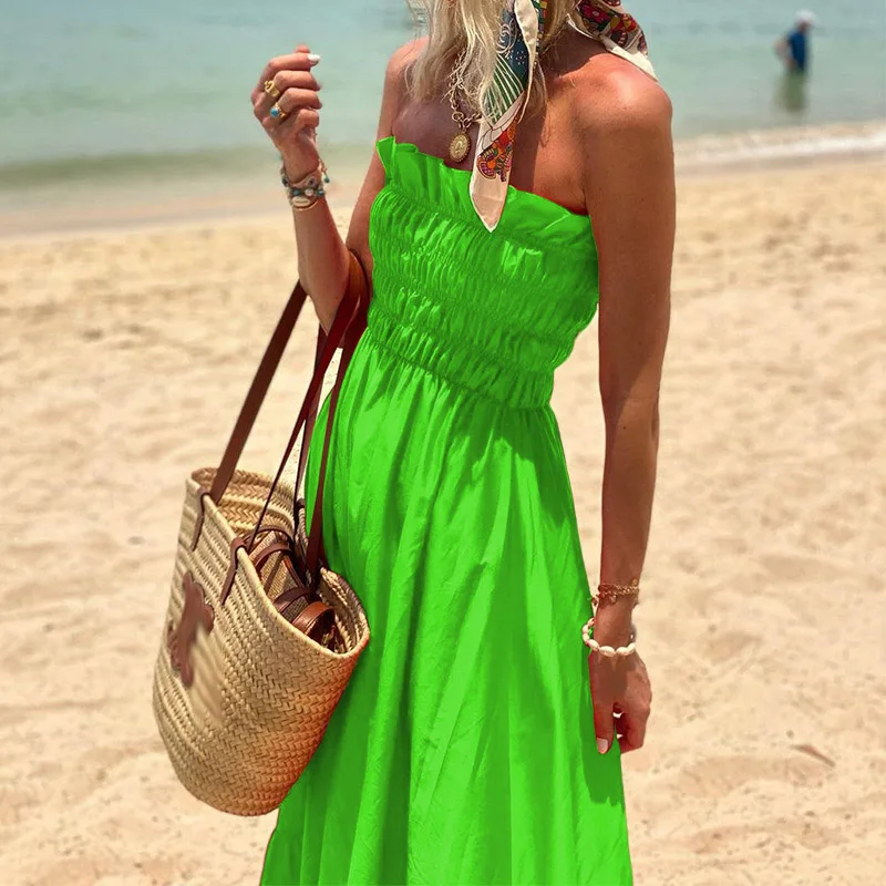 

Chic Pleated Loose Maxi Dress 2023 Summer Casual Solid Off Shoulder Beach Dress Sexy Female Backless Elastic Waisted Sundress