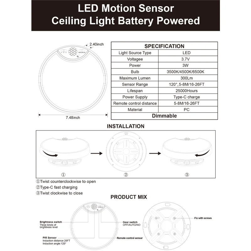 Detector Led-licht USB-oplaadkastlamp voor slaapkamer keuken trap hal eenvoudige installatie