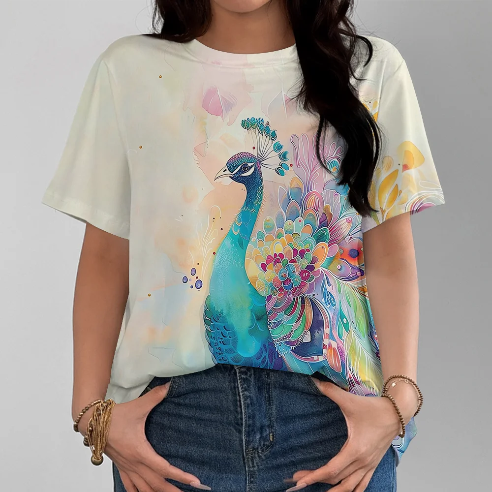 

Artistic Colorful Peacock Design Women's T-shirt Casual Fashion Loose Comfortable White Short Sleeve