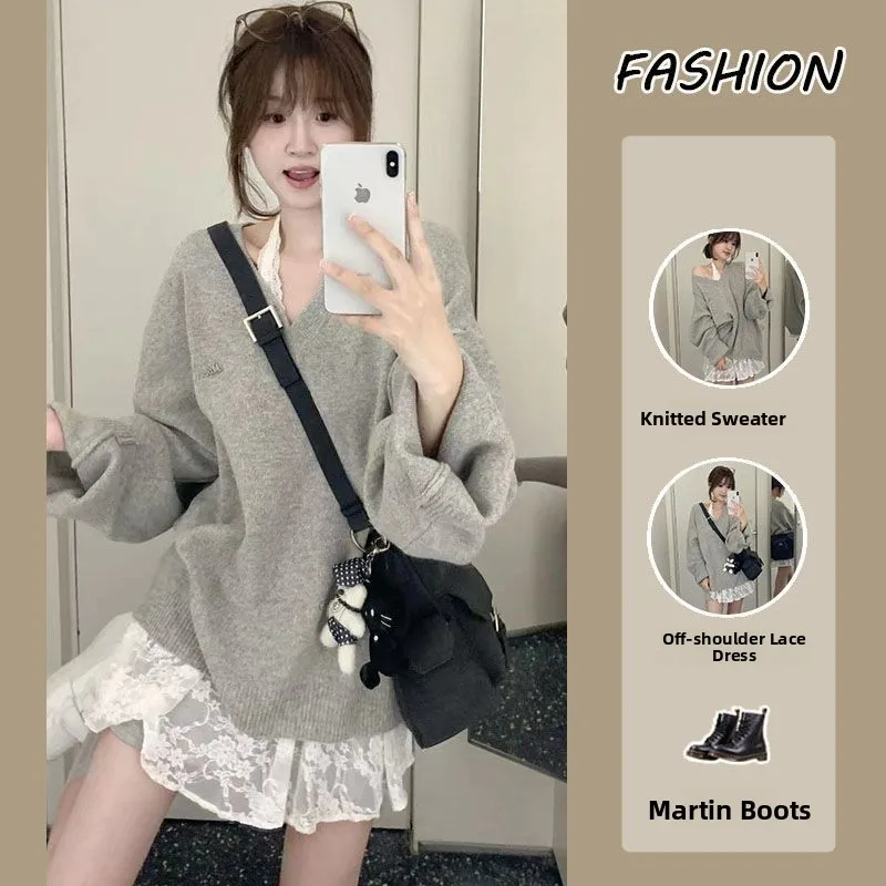 

Женский модный зимний комплект из двух предметов: вязаный кружевной топ с V-образным вырезом и длинными рукавами в корейском стиле, а также шикарные брюки.