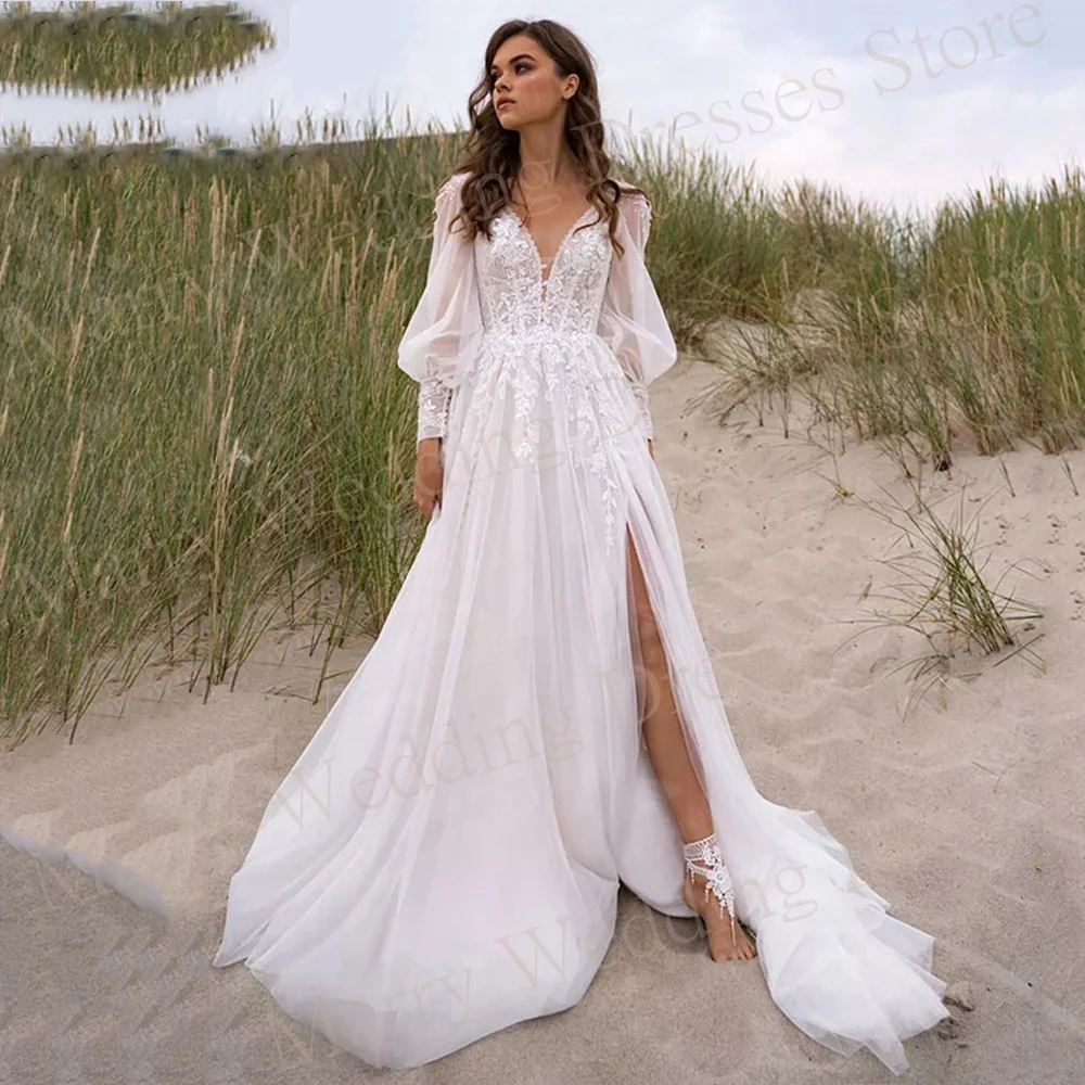 

Modern Graceful A Line V-Neck Wedding Dresses Sexy Side Split Lace Appliques Bride Gowns Long Puff Sleeve Tulle Robe De Mariée