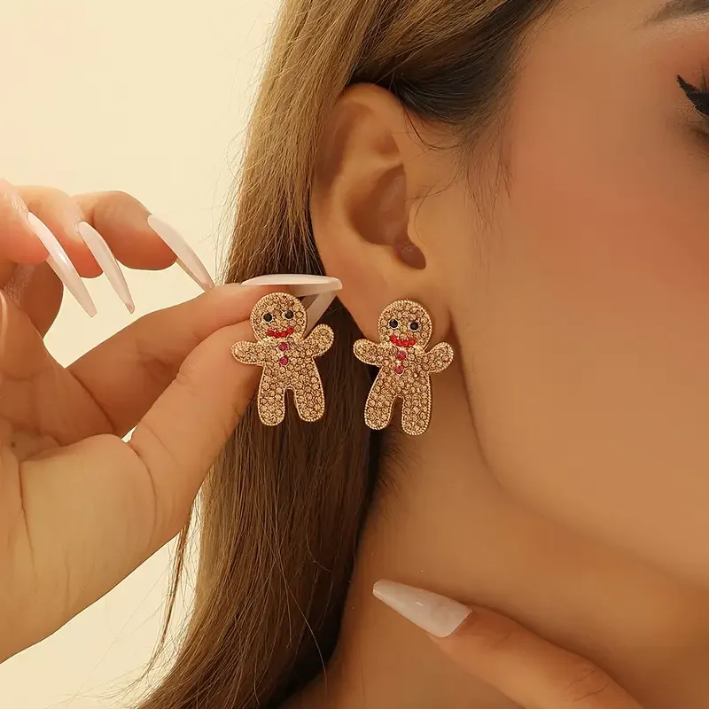 Cute Chic Gingerbread for Women Stud Earrings with Sparkling Rhinestones - Perfect Christmas & Holiday Accessory for Women, Idea