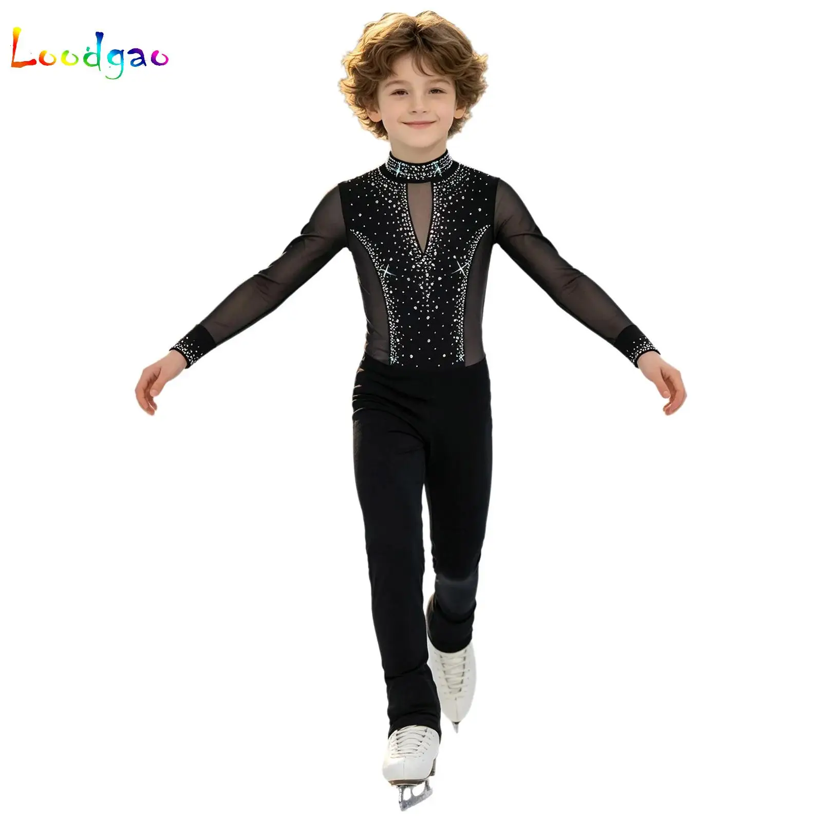 Children Boys Latin Jersey Figure Skating Leotard Long Sleeve Mesh Rhinestone Gymnastics Ballet Acrobatics Bodysuit Dancewear