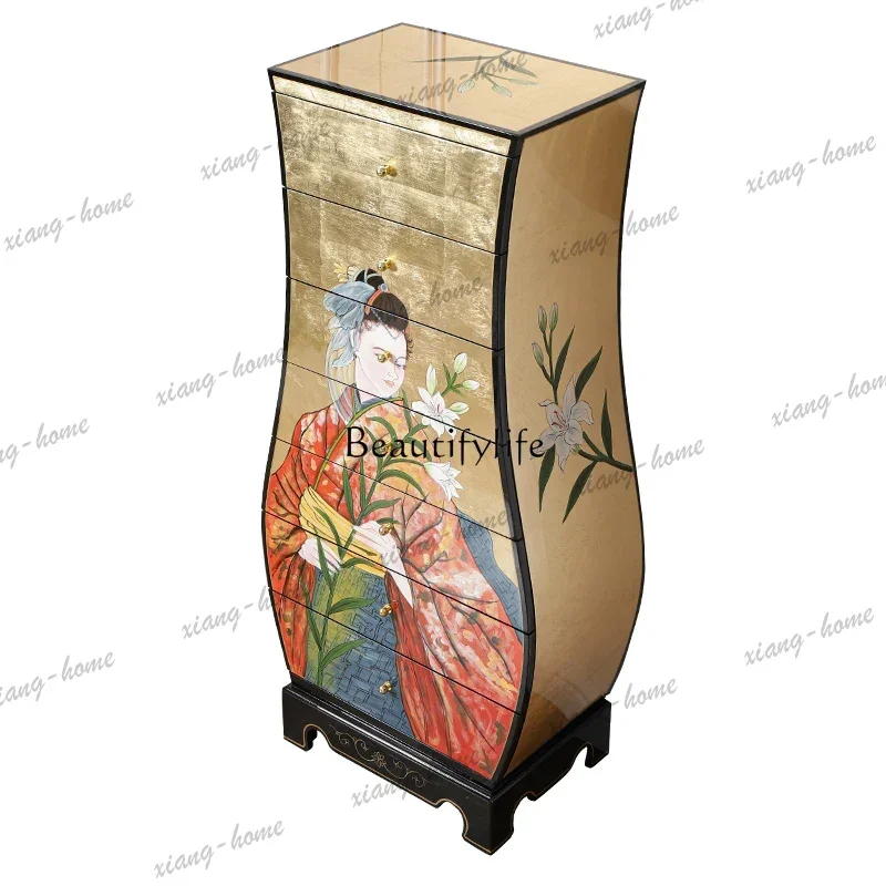 JJ New Chinese-style painted solid wood seven-chest cabinet, living room drawer type storage storage decorative side cabinet