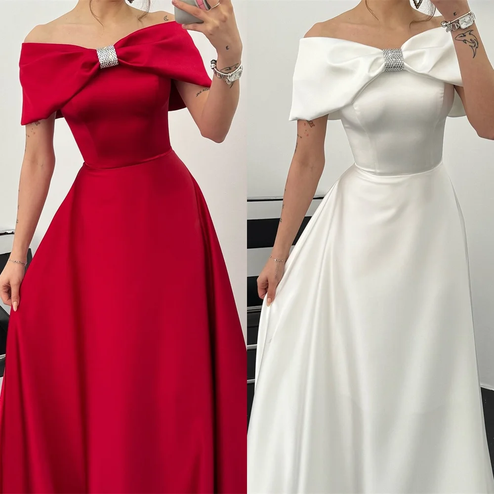 Классические атласные вечерние платья по индивидуальному заказу, торжественное платье, женское элегантное платье трапециевидной формы с бантом и открытыми плечами, вечерние платья длиной до пола