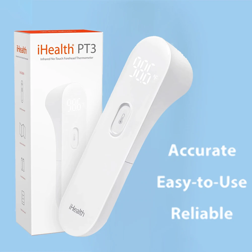 

iHealth PT3 Бесконтактный термометр для лба Сверхчувствительный датчик Бесшумная обратная связь вибрации Цифровой большой светодиодный цифровой дисплей