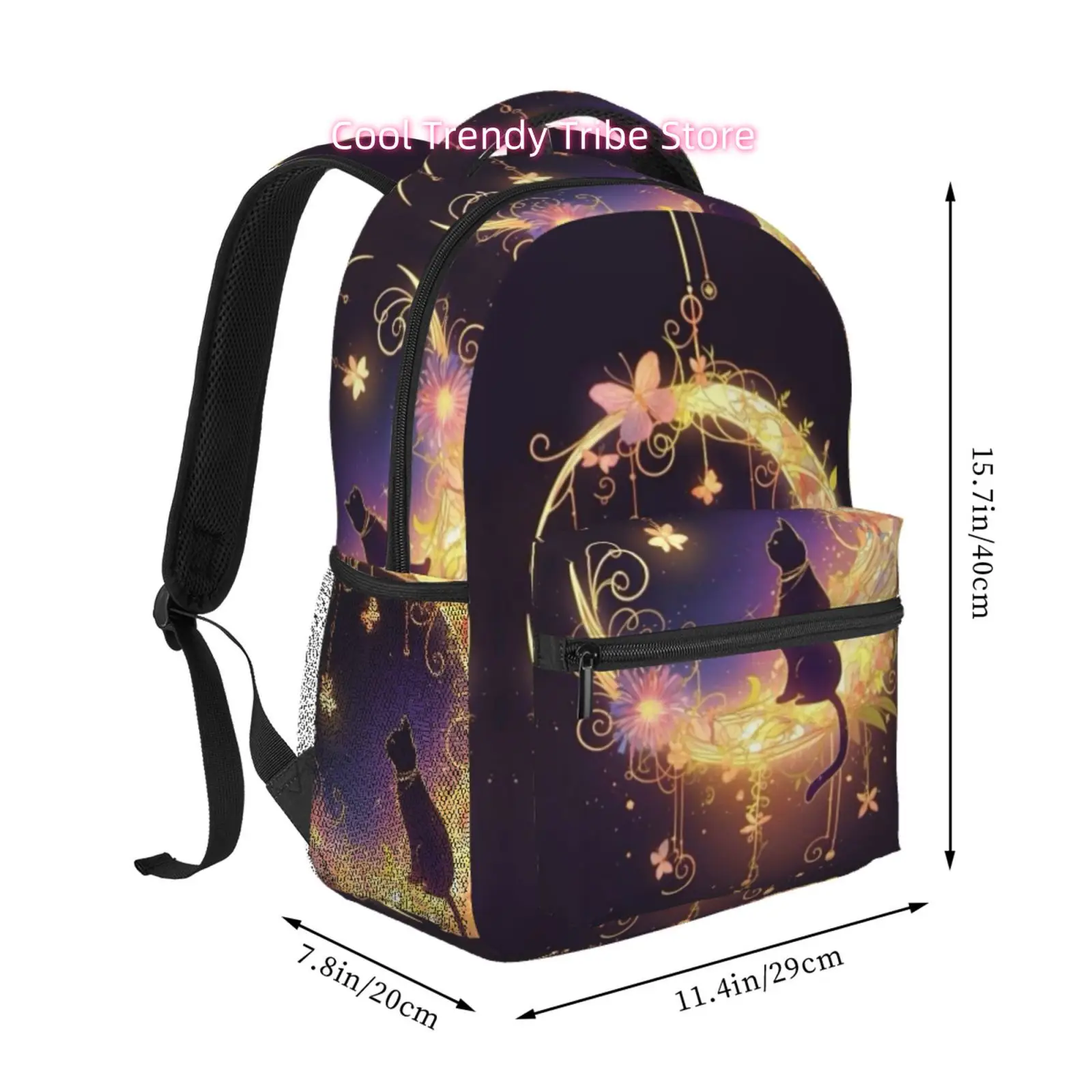 Glowing Crescent Moon & Black Cat Print Backpack - High Quality Oxford Cloth with Adjustable Straps, Lightweight Suitable for Tr