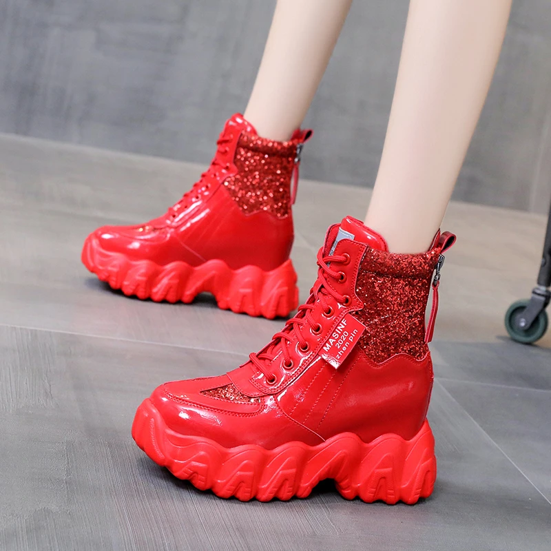 2022 Autumn Bling Leather Boots 7CM Wedge Heels Women Ankle Boots High Top Platform Sneakers Winter Red Motorcycle Shoes Female