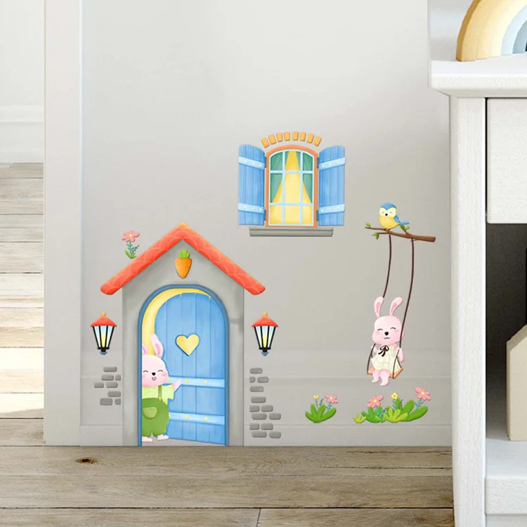 Cartoon Hasen-Haus Wandaufkleber Wohnzimmer Kinderzimmer Deko-Aufkleber Kinderzimmerdekoration Selbstklebende Heimtür-Wandmalerei – Detail 4