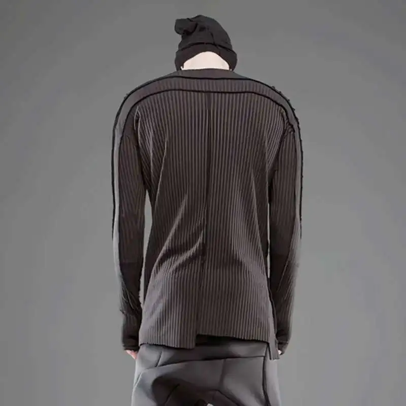 HKSH Spring Autumn New Men Chic Waste Land Layered Pleated Deconstruction Asymmetric Fit Strip Cotton Long Sleeve T-shirt HK4204