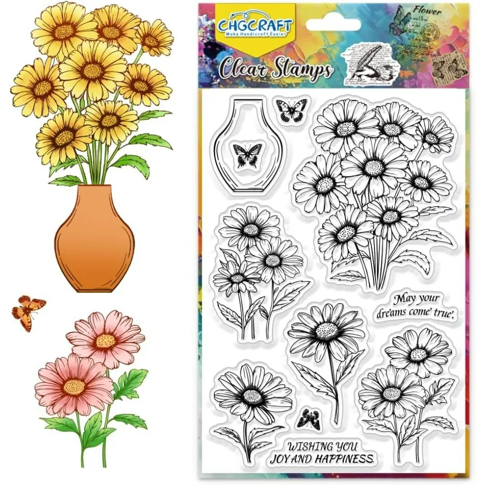 Transparente Stempel mit Gänseblümchenmotiv, Schmetterlingsvase, Silikonstempel zum Basteln, transparente Blumen, Silikonstempel, Siegel für Heimwerkerarbeiten